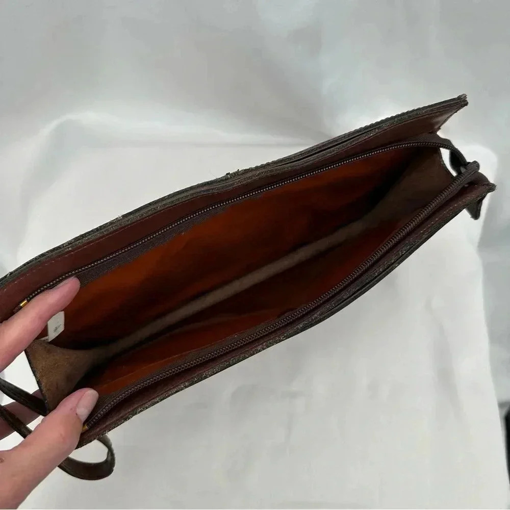 Leather Clutch Brown Wristlet Handle Zipper - Picture 3 of 9